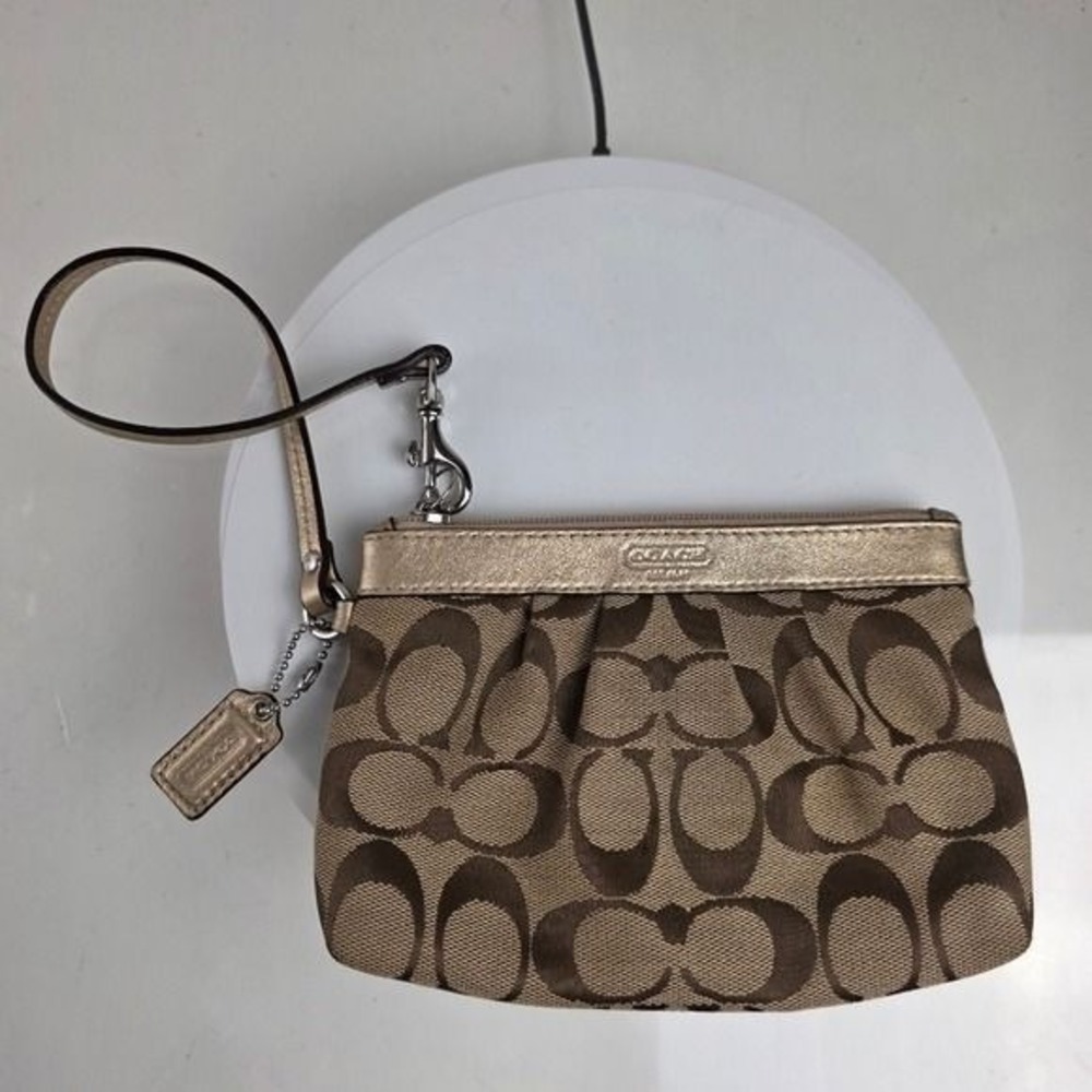 Coach Brown Gold Clutch Wristlet Coin Pouch Purse Small Canvas Jacquard Leather - Picture 2 of 9